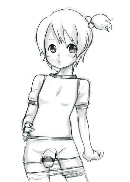 clothes, 1futa, bar censor, censored, futanari, hand on own hip, loli, monochrome, penis, simple background, solo