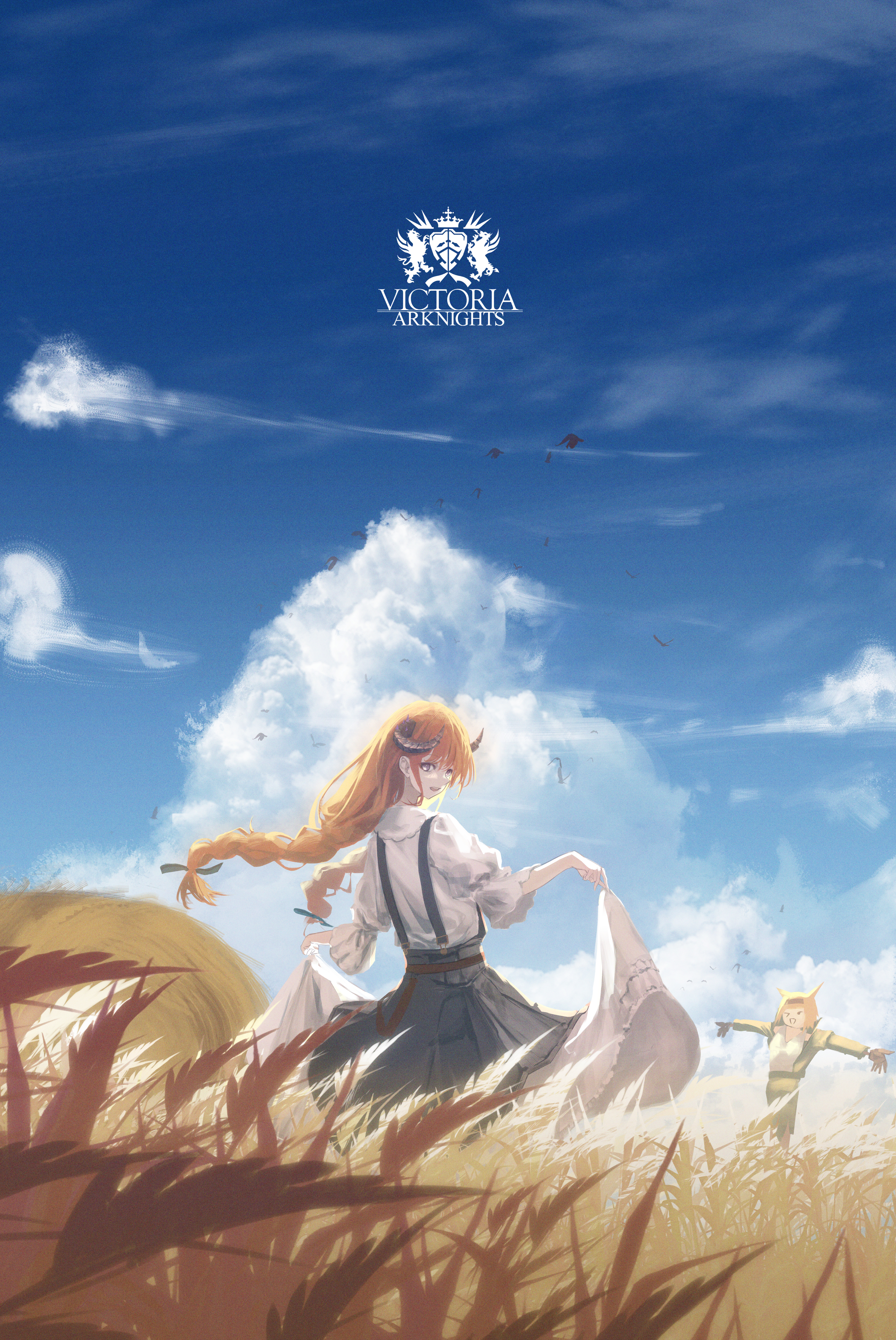 prezonya46, bagpipe (arknights), bagpipe (echo of bagpipes) (arknights), horn (arknights), arknights, absurdres, commentary, highres, 1girl, :d, blue overalls, blue sky, braid, cloud, cloudy sky, dragon girl, dragon horns, from behind, horns, kingdom of victoria logo, long hair, looking at viewer, looking back, low twin braids, official alternate costume, open mouth, orange hair, overalls, purple eyes, scarecrow, scenery, skirt hold, sky, smile, solo, standing, twin braids, very long hair, wheat field