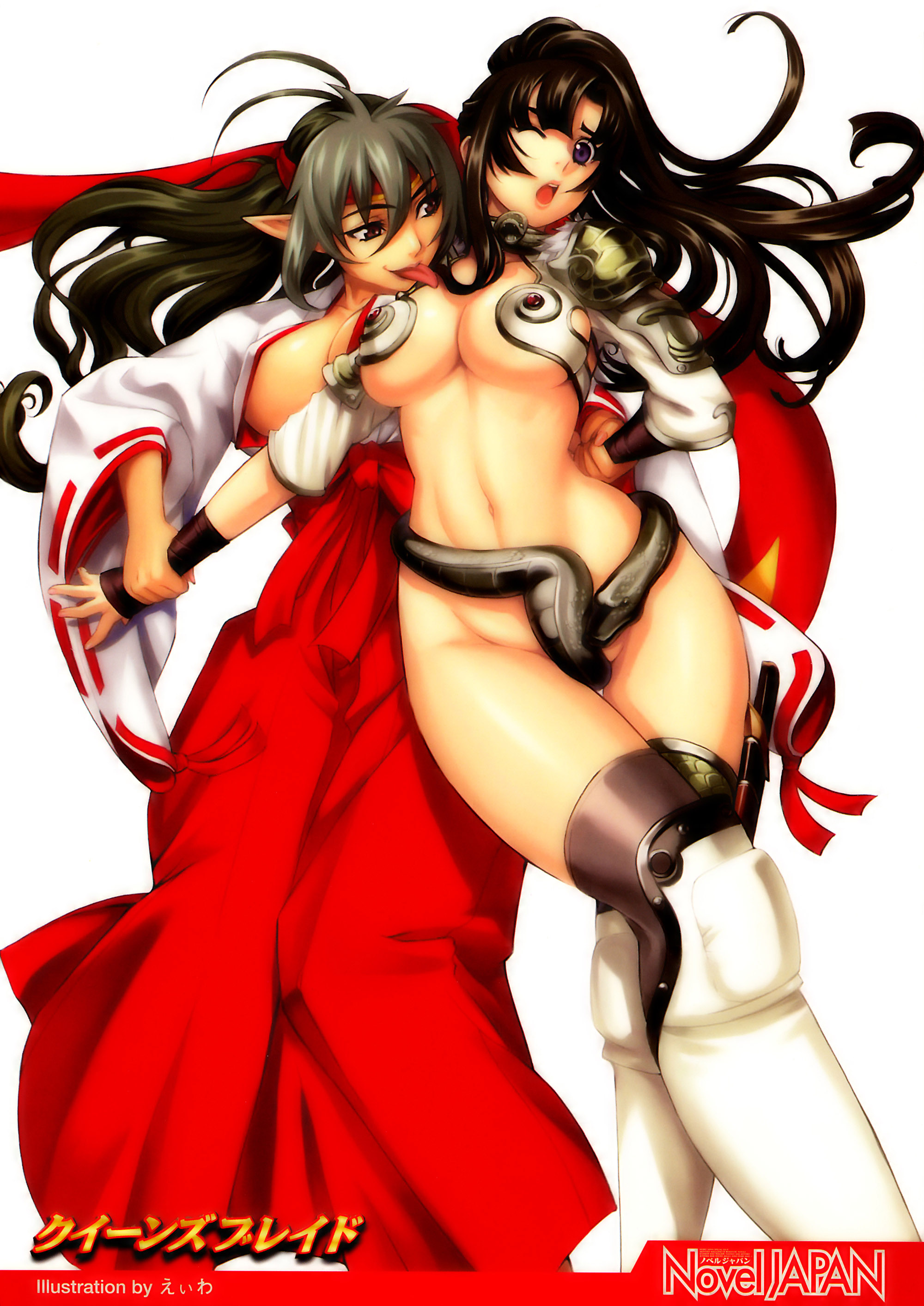 eiwa, echidna (queen's blade), tomoe (queen's blade), queen's blade, absurdres, highres, 2girls, ;o, black hair, cosplay, costume switch, elf, green hair, japanese clothes, licking, miko, multiple girls, one eye closed, pointy ears, snake, tongue, wince, wink