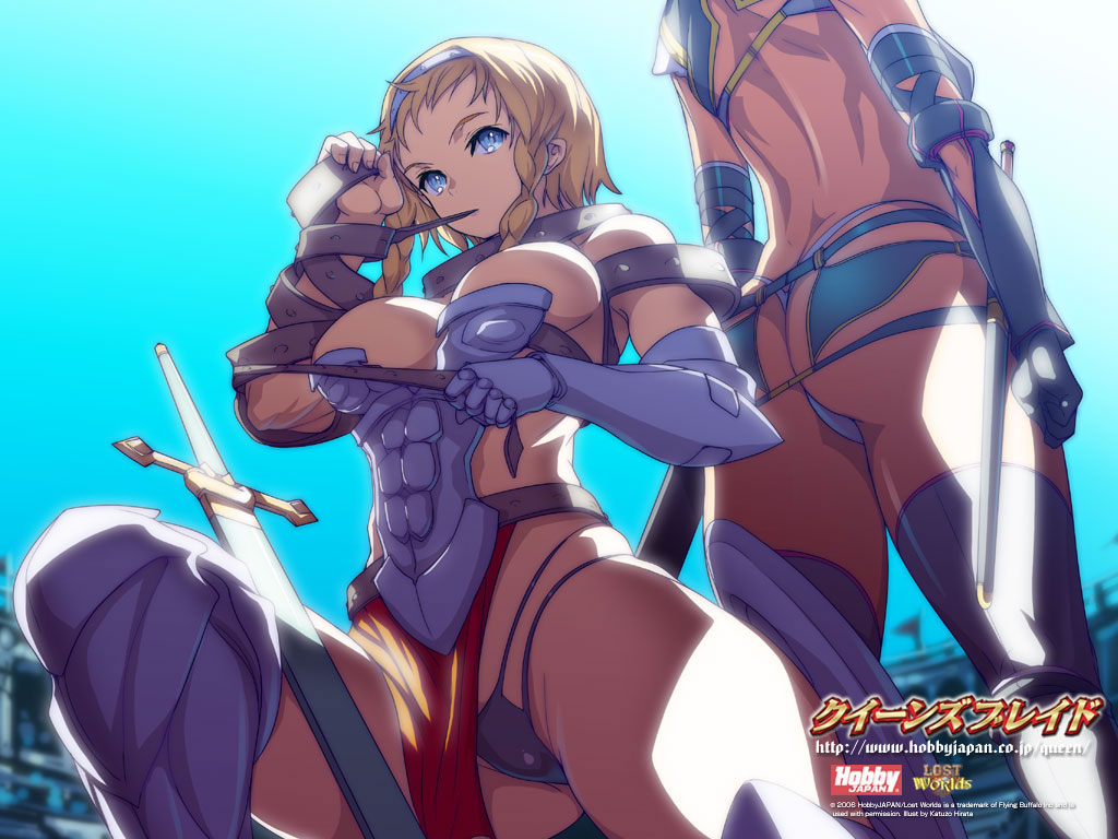 akaga hirotaka, exiled warrior leina, fang assassin irma, irma (queen's blade), leina (queen's blade), queen's blade, official art, official wallpaper, 00s, 2girls, arm up, armor, ass, back, back-to-back, belt, black panties, blonde hair, blue eyes, blue panties, braid, breasts, buckle, bursting breasts, cleavage, curvy, dark-skinned female, dark skin, day, elbow gloves, fantasy, g-string, gauntlets, gloves, greaves, hairband, head out of frame, hip focus, holding, large breasts, loincloth, looking at viewer, midriff, mouth hold, multiple girls, outdoors, panties, revealing clothes, sheath, shield, short hair, sideboob, sitting, sky, spread legs, standing, strap, sunlight, sword, thick thighs, thighhighs, thighs, thong, twin braids, underwear, weapon, wide hips