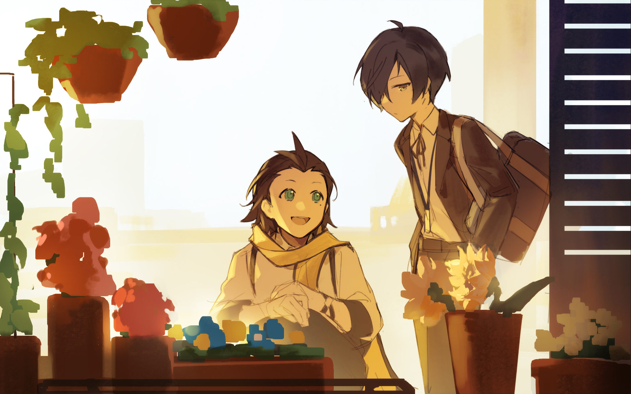 sammorstrange, mochizuki ryouji, yuuki makoto (persona 3), persona, persona 3, highres, 2boys, bag, black hair, black jacket, blue hair, closed mouth, hair over one eye, hands in pockets, jacket, looking at another, looking up, male focus, mole, mole under eye, multiple boys, open mouth, scarf, shirt, short hair, sitting, smile, standing, white shirt, yellow scarf