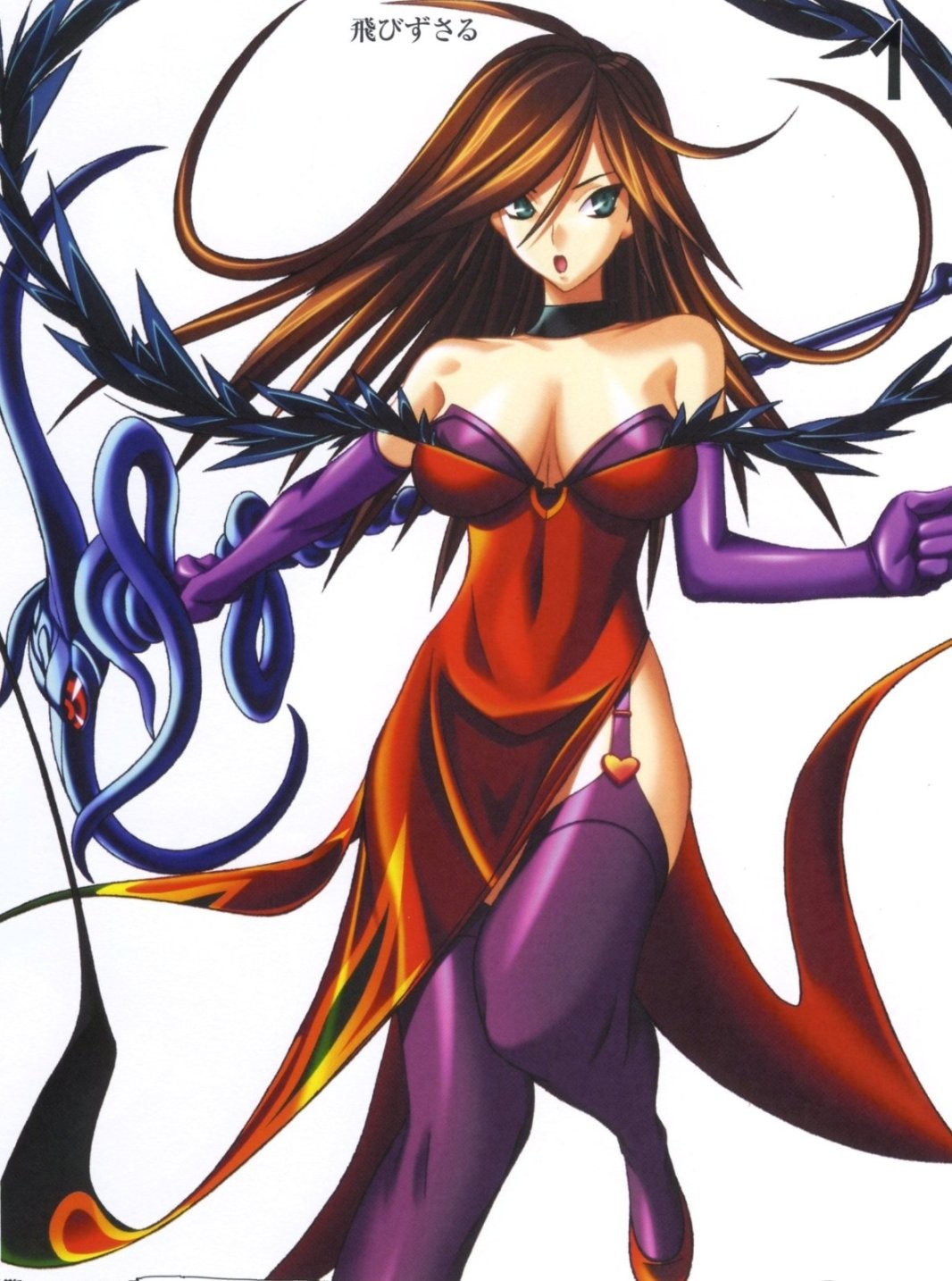 kuroki masahiro, flame master nyx, funikura, nyx (queen's blade), queen's blade, looking away, highres, official art, scan, 00s, 1girl, :o, ahoge, aqua eyes, bare shoulders, breasts, breasts apart, brown hair, bustier, card (medium), choker, cleavage, clenched hand, covered navel, dress, elbow gloves, feathers, female focus, flame print, flipped hair, floating hair, garter straps, gloves, green eyes, hair between eyes, heart, high heels, holding, large breasts, leg lift, long hair, looking at viewer, off shoulder, one-eyed, open mouth, outstretched arms, pelvic curtain, purple thighhighs, red dress, red eyes, red shoes, shoes, side slit, simple background, solo, spread arms, staff, swept bangs, tentacles, thighhighs, underwear, v-shaped eyebrows, weapon, white background