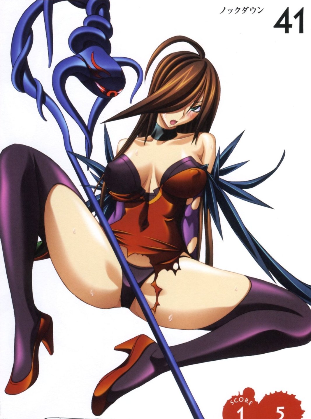 funikura, nyx (queen's blade), queen's blade, highres, 00s, 1girl, blush, breasts, covered erect nipples, female focus, full body, legs, panties, simple background, solo, spread legs, tentacles, torn clothes, underwear, white background