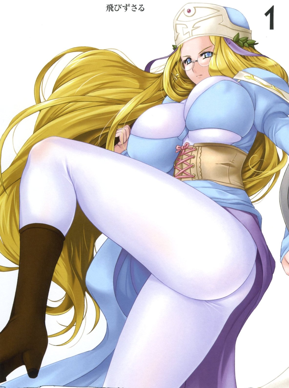 zundarepon, gainos priestess melpha, melpha, queen's blade, highres, 00s, blonde hair, blue eyes, bodysuit, boots, breasts, corset, glasses, high heels, huge breasts, long hair, pantyhose, shield, shoes, solo, thighs, very long hair