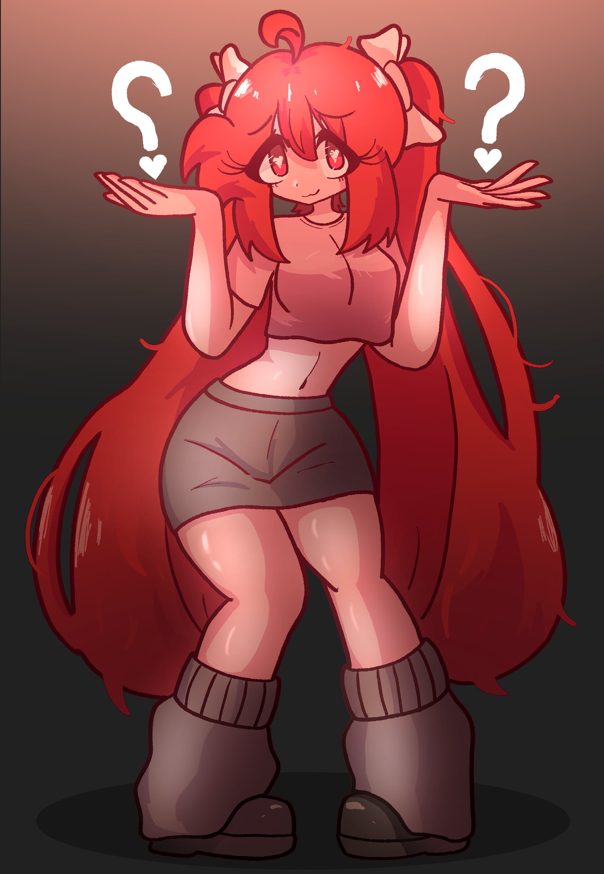 bonbon (bonzomcbonbon), ketchup (bonzomcbonbon), original, 1girl, :3, ?, ahoge, black shoes, bow, breasts, crop top, full body, gradient background, grey shorts, grey socks, hair bow, heart, heart-shaped pupils, large breasts, long hair, loose socks, midriff, navel, red eyes, red hair, red shirt, shadow, shirt, shoes, shorts, sidelocks, socks, solo, standing, symbol-shaped pupils, thick thighs, thighs, twintails, very long hair, white bow