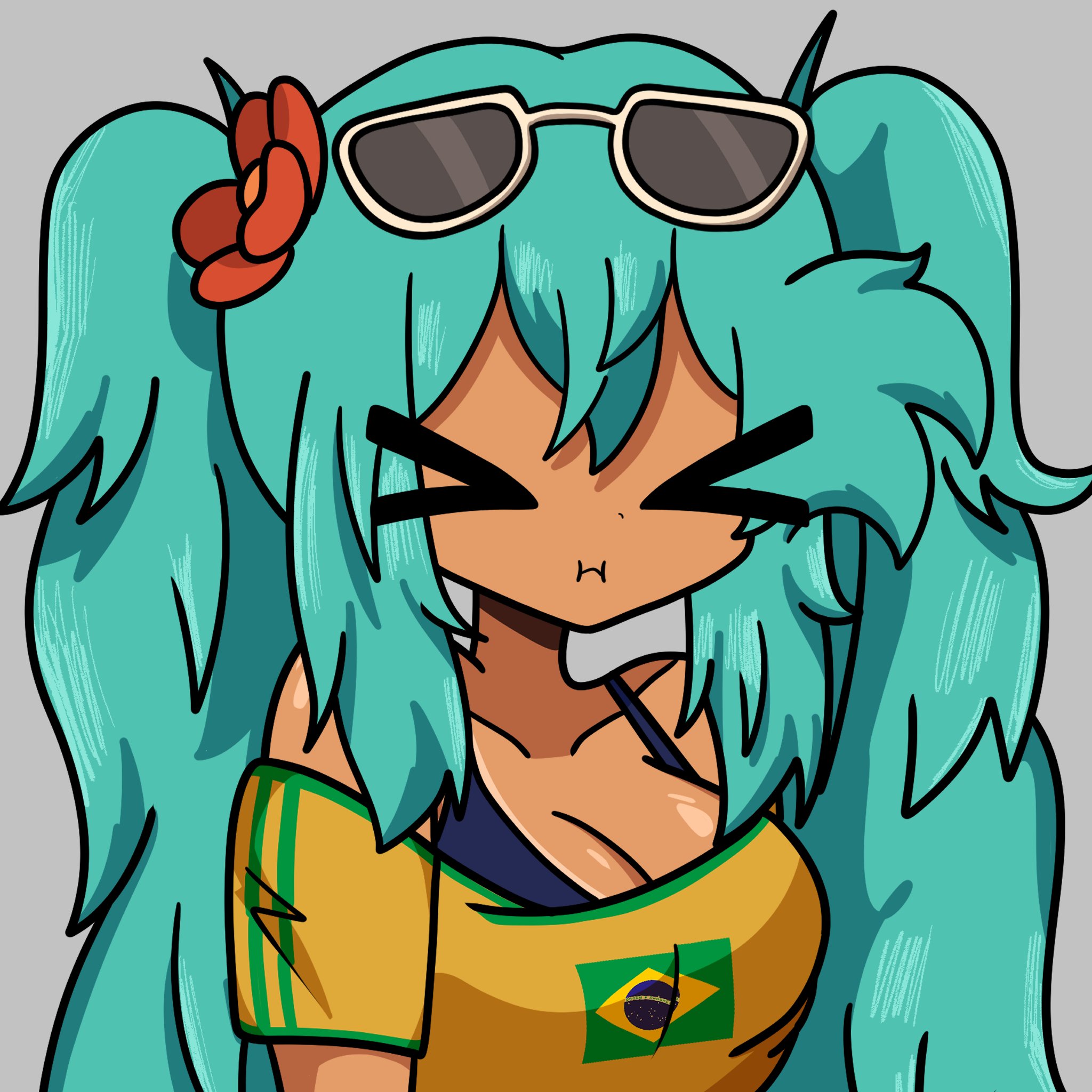 bonbon (bonzomcbonbon), brazilian miku, hatsune miku, vocaloid, > <, bare shoulders, brazil, brazilian flag, brazilian flag print, breasts, cleavage, closed eyes, closed mouth, collarbone, eyewear on head, flag print, flower, from side, grey background, hair flower, hair ornament, large breasts, long hair, pout, red flower, shirt, short sleeves, simple background, sunglasses, sunglasses on head, tan, tanline, twintails, upper body, yellow shirt