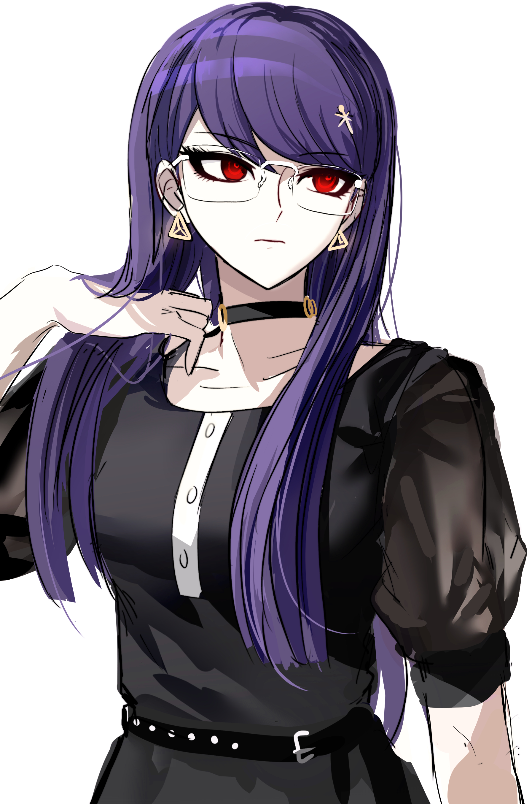 puru6829623335, shizuhara hiruko, the hundred line -last defense academy-, absurdres, highres, 1girl, adjusting hair, belt, black belt, black choker, black dress, choker, closed mouth, dress, earrings, glasses, jewelry, long hair, puffy short sleeves, puffy sleeves, purple hair, red eyes, short sleeves, simple background, solo, white background