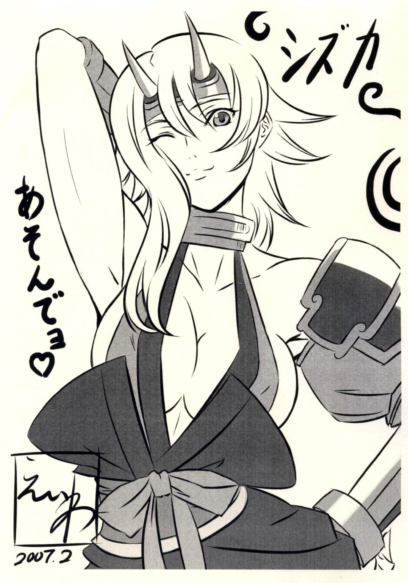 eiwa, shizuka (queen's blade), queen's blade, highres, 00s, 1girl, armpits, breasts, cleavage, female focus, hand on own hip, headband, hip focus, horns, large breasts, monochrome, one eye closed, signature, smile, solo, wink