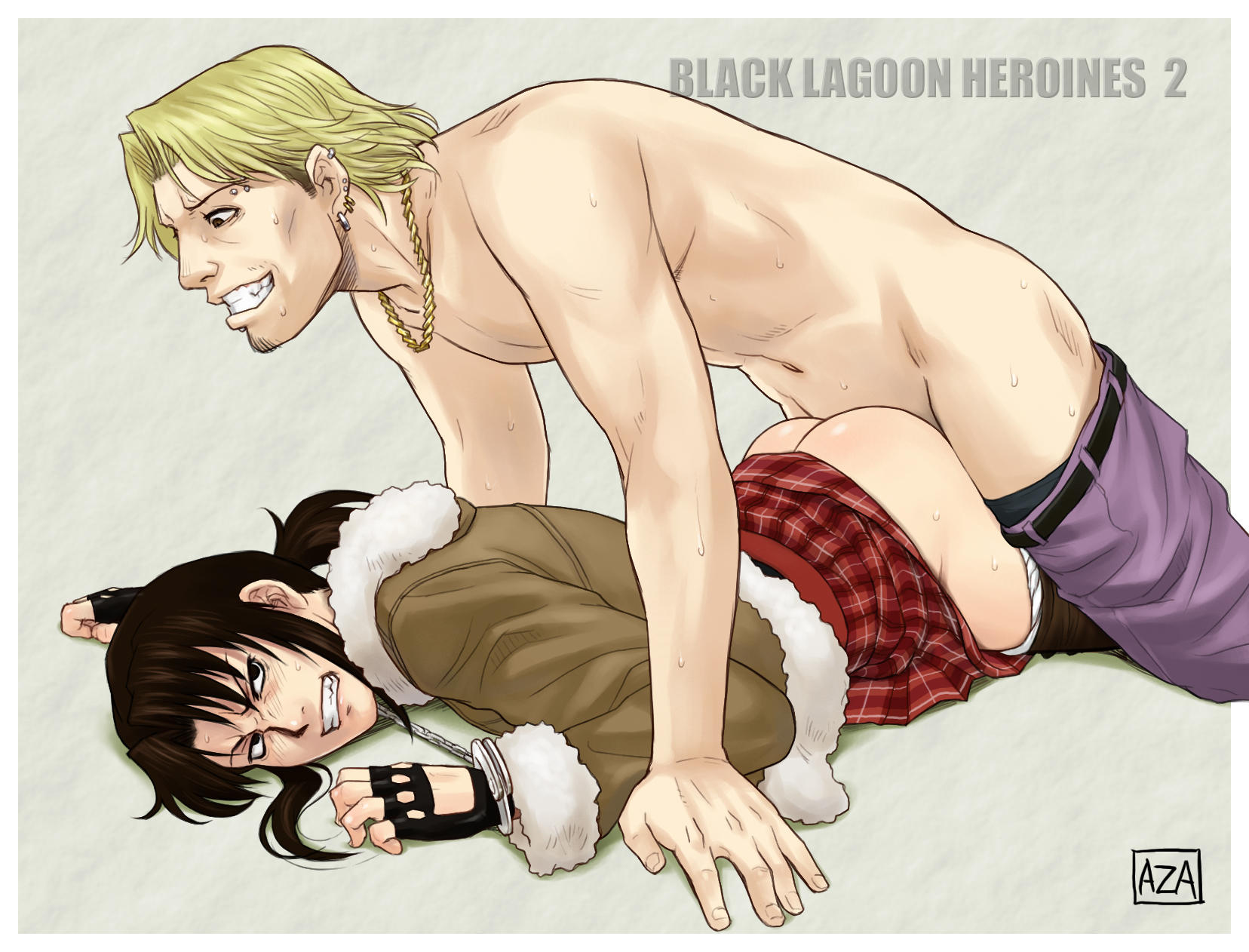 azasuke, chaka (black lagoon), revy (black lagoon), black lagoon, highres, 00s, 1boy, 1girl, angry, ass, bdsm, belt, blonde hair, bondage, bound, brown eyes, brown hair, clenched teeth, clothed sex, clothes lift, coat, cuffs, earrings, facial hair, fingerless gloves, gloves, goatee, grin, handcuffs, hetero, jewelry, long hair, lying, necklace, on stomach, panties, panty pull, prone bone, rape, sex, sex from behind, skirt, skirt lift, smile, sweat, teeth, underwear, vaginal, white panties, yakuza