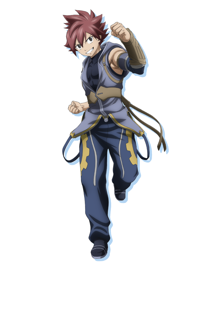 ten (farmagia), farmagia, official art, 1boy, anime coloring, arm guards, belt, black shirt, blue pants, blue shoes, brown belt, clenched hands, detached sleeves, full body, grey eyes, hand up, iizumi toshiomi, looking at viewer, muscular, muscular male, open mouth, pants, partially open jacket, red hair, shirt, shoes, simple background, sleeveless, sleeveless jacket, sleeveless shirt, smile, solo, standing, standing on one leg, teeth, transparent background, tsurime, turtleneck, turtleneck shirt