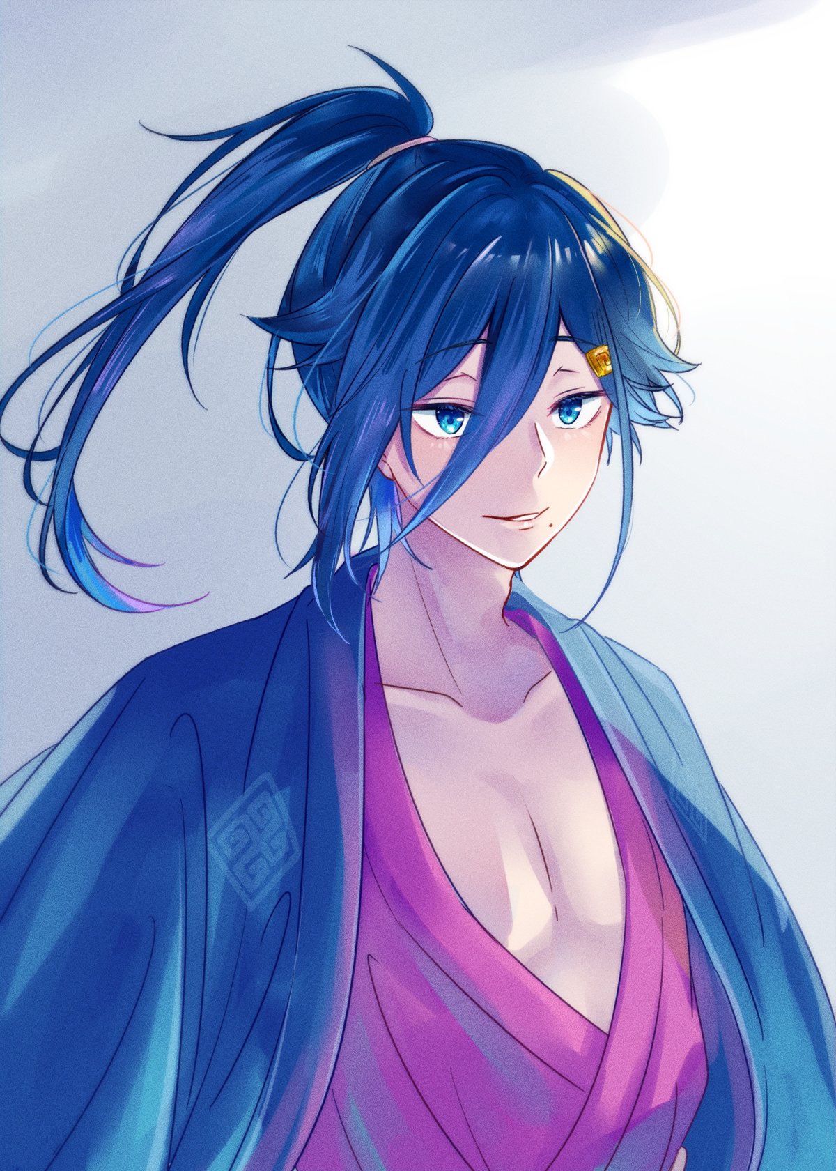 cecilus segmunt, re:zero kara hajimeru isekai seikatsu, highres, 1boy, ahoge, blue eyes, blue hair, closed mouth, gradient background, hair between eyes, japanese clothes, kimono, light rays, long hair, looking at viewer, mole, mole under mouth, open clothes, oshi suko1, ponytail, sash, simple background, smile, solo, upper body, yukata