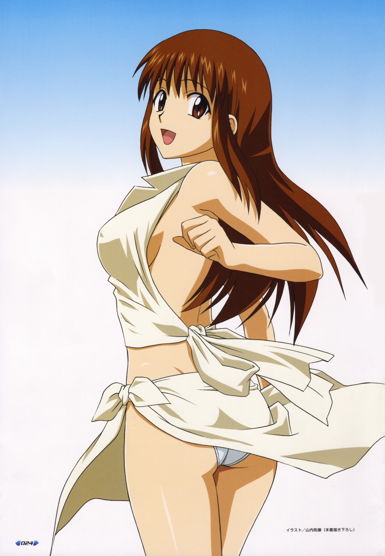 doi shizuha, stratos 4, highres, 00s, ass, brown eyes, brown hair, gradient background, long hair, looking back, open mouth, panties, underwear