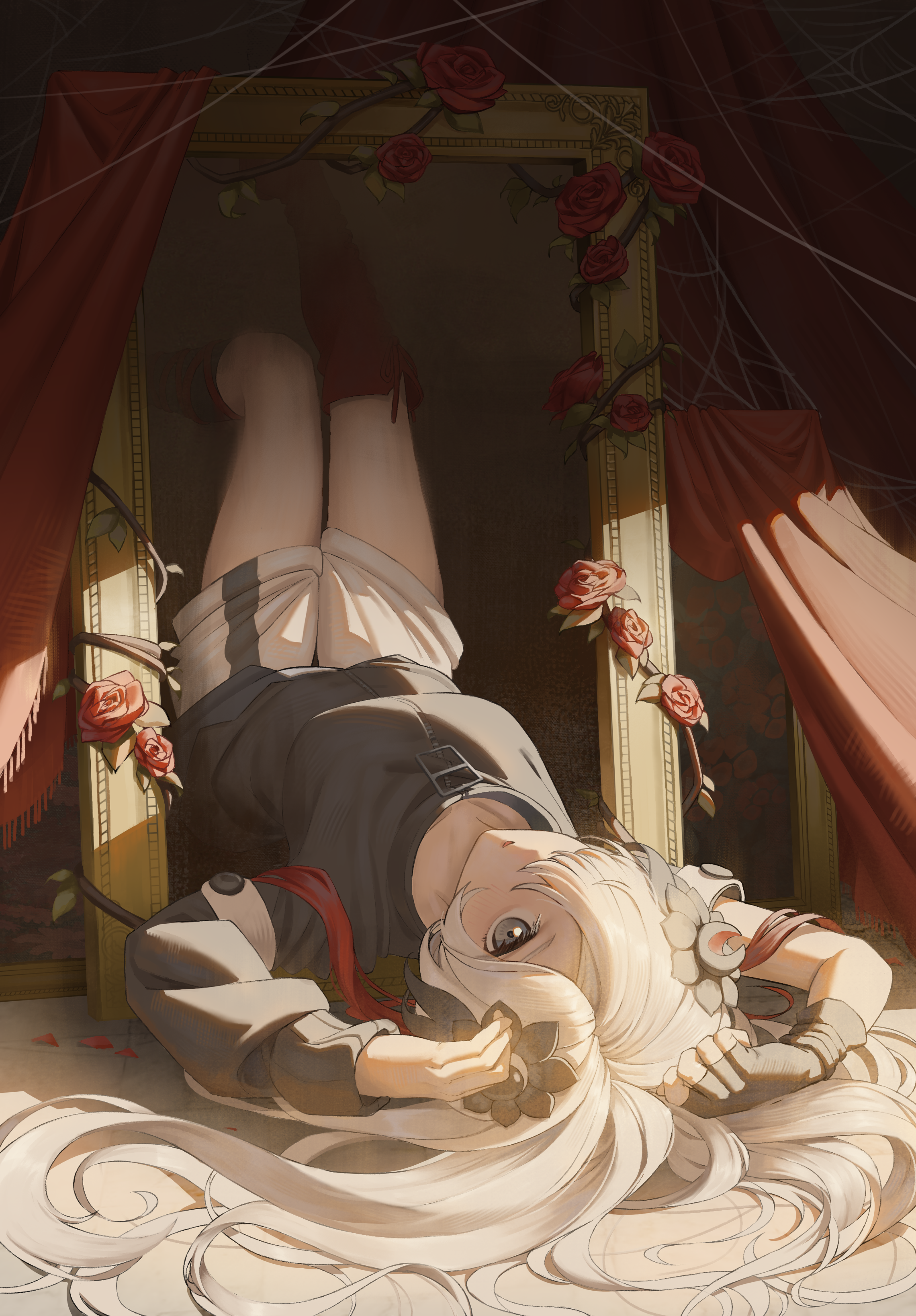 jesslapt, isekaijoucho, kamitsubaki studio, absurdres, highres, 1girl, black gloves, black shirt, curtains, fingerless gloves, flower, gloves, grey eyes, hair flower, hair ornament, hair over one eye, hair spread out, legs up, long sleeves, looking at viewer, lying, multicolored hair, on back, one eye covered, picture frame, red flower, red rose, rose, shirt, shorts, sidelocks, silk, single glove, solo, spider web, thorns, two-tone hair, virtual youtuber, white hair