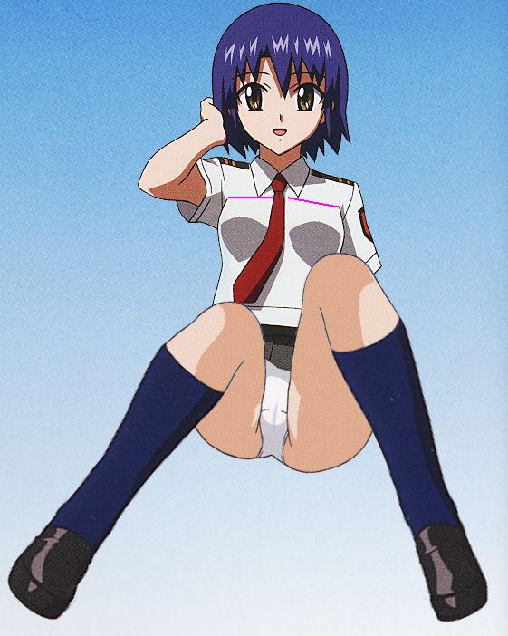 kikuhara karin, stratos 4, 00s, blue hair, panties, school uniform, serafuku, short hair, underwear, yellow eyes