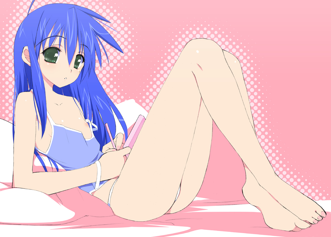 kusaka souji, izumi konata, lucky star, 00s, 1girl, aged up, barefoot, blue hair, blush, breasts, camisole, feet, female focus, flat chest, game, green eyes, handheld game console, legs, mole, mole under eye, nail polish, nintendo ds, nipple slip, nipples, panties, pink nails, solo, strap slip, toenail polish, toenails, underwear