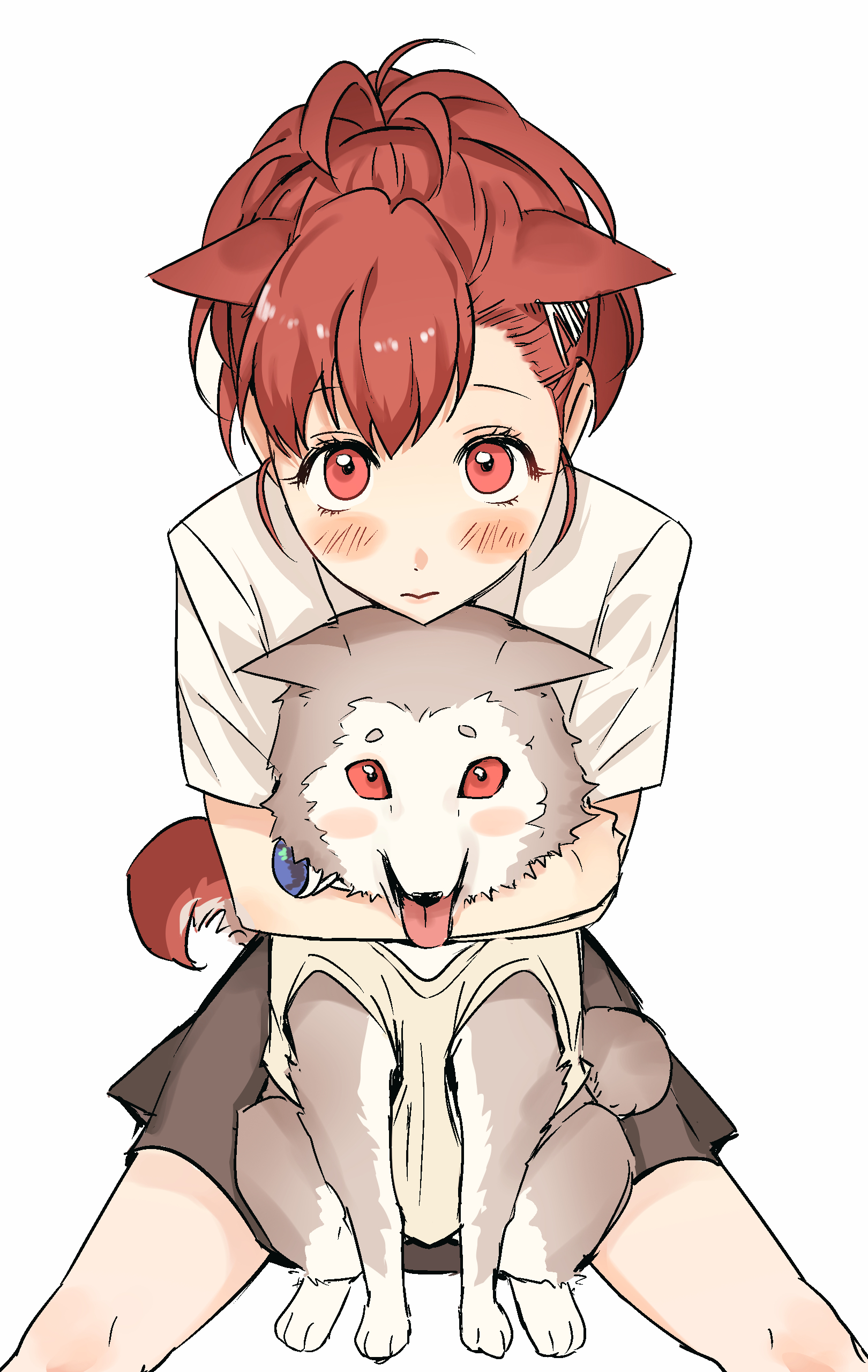 koromaru (persona), shiomi kotone, persona, persona 3, persona 3 portable, absurdres, highres, 1girl, animal, animal ears, animal hug, black skirt, blush, brown hair, closed mouth, colored sclera, dog, dog ears, dog girl, dog tail, from above, gekkoukan high school uniform, grey fur, hair ornament, hairclip, headphones, kemonomimi mode, looking at viewer, red eyes, red sclera, school uniform, shirt, short hair, short sleeves, simple background, sitting, skirt, solo, tail, tongue, tongue out, trust oppa, white background, white shirt