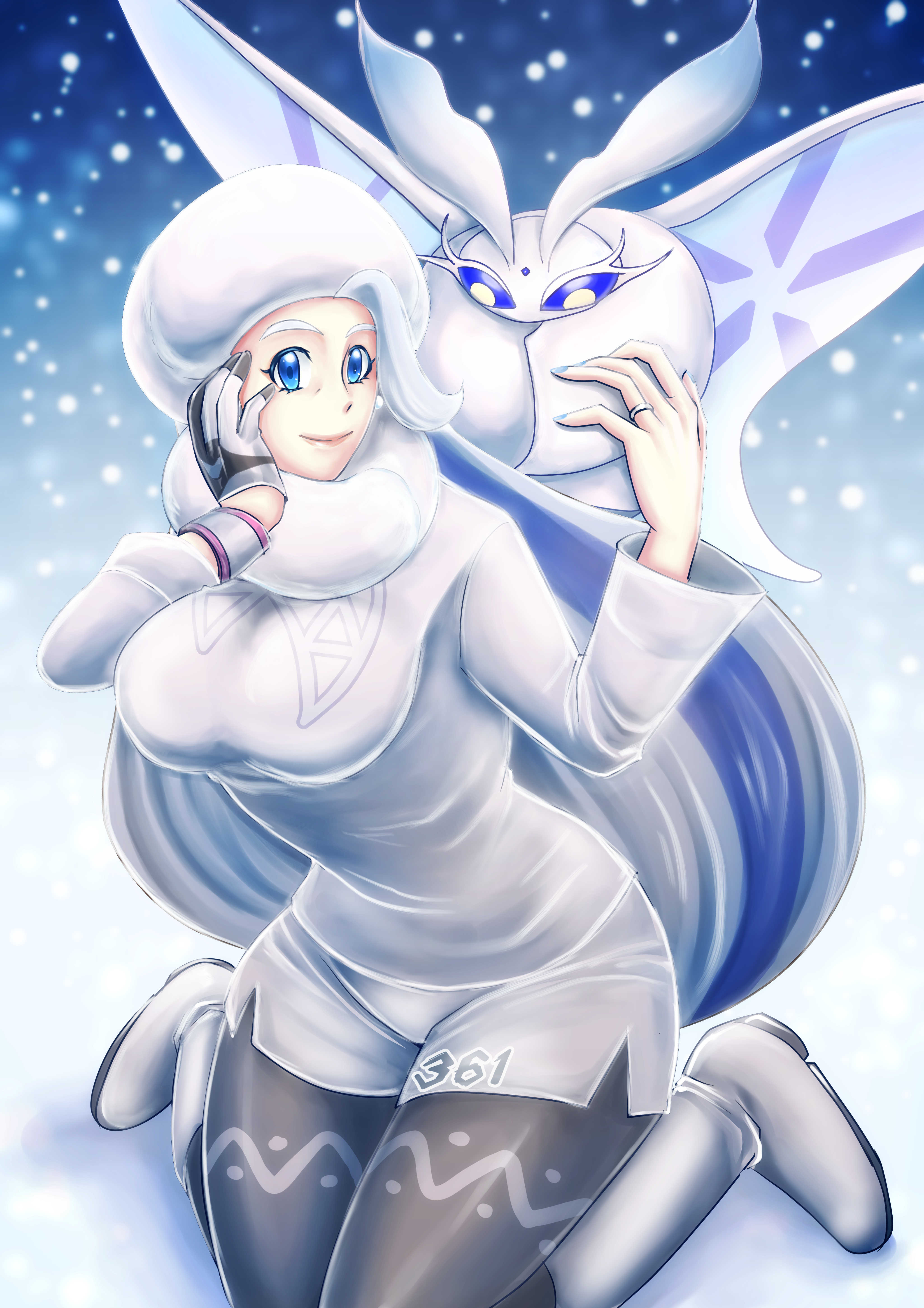 aokocha, frosmoth, melony (pokemon), nintendo, pokemon, pokemon swsh, absurdres, highres, 1girl, antennae, blue eyes, breasts, bug, colored skin, dynamax band, earrings, fluffy, fur collar, gen 8 pokemon, gloves, hand up, hat, insect, jewelry, large breasts, long hair, long sleeves, mature female, moth, multicolored hair, pantyhose, pantyhose under shorts, pearl earrings, plump, pokemon (creature), ring, shorts, side slit, side slit shorts, single glove, sitting, smile, streaked hair, sweater, ushanka, wariza, wedding ring, white hat, white skin, white sweater