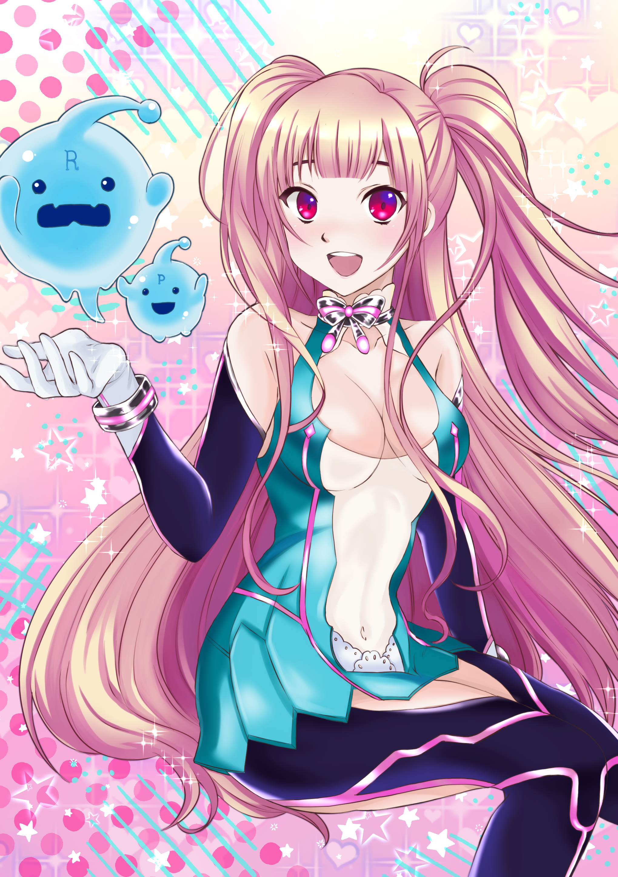 kasakasako, absurdres, character request, commentary request, commission, highres, skeb commission, 1girl, 2others, :d, abstract background, aqua dress, bare shoulders, black bow, black bowtie, black gloves, black pants, blunt bangs, bow, bowtie, breasts, cleavage, collarbone, covered navel, cowboy shot, dress, elbow gloves, eyelashes, gloves, hand up, large breasts, long hair, multiple others, nanase (ufo rush), open mouth, pachinko cr ufo rush, pants, pink background, red eyes, sitting, sleeveless, sleeveless dress, smile, solo focus, teeth, twintails, two-tone gloves, upper teeth only, white background, white dress, white gloves, wristband
