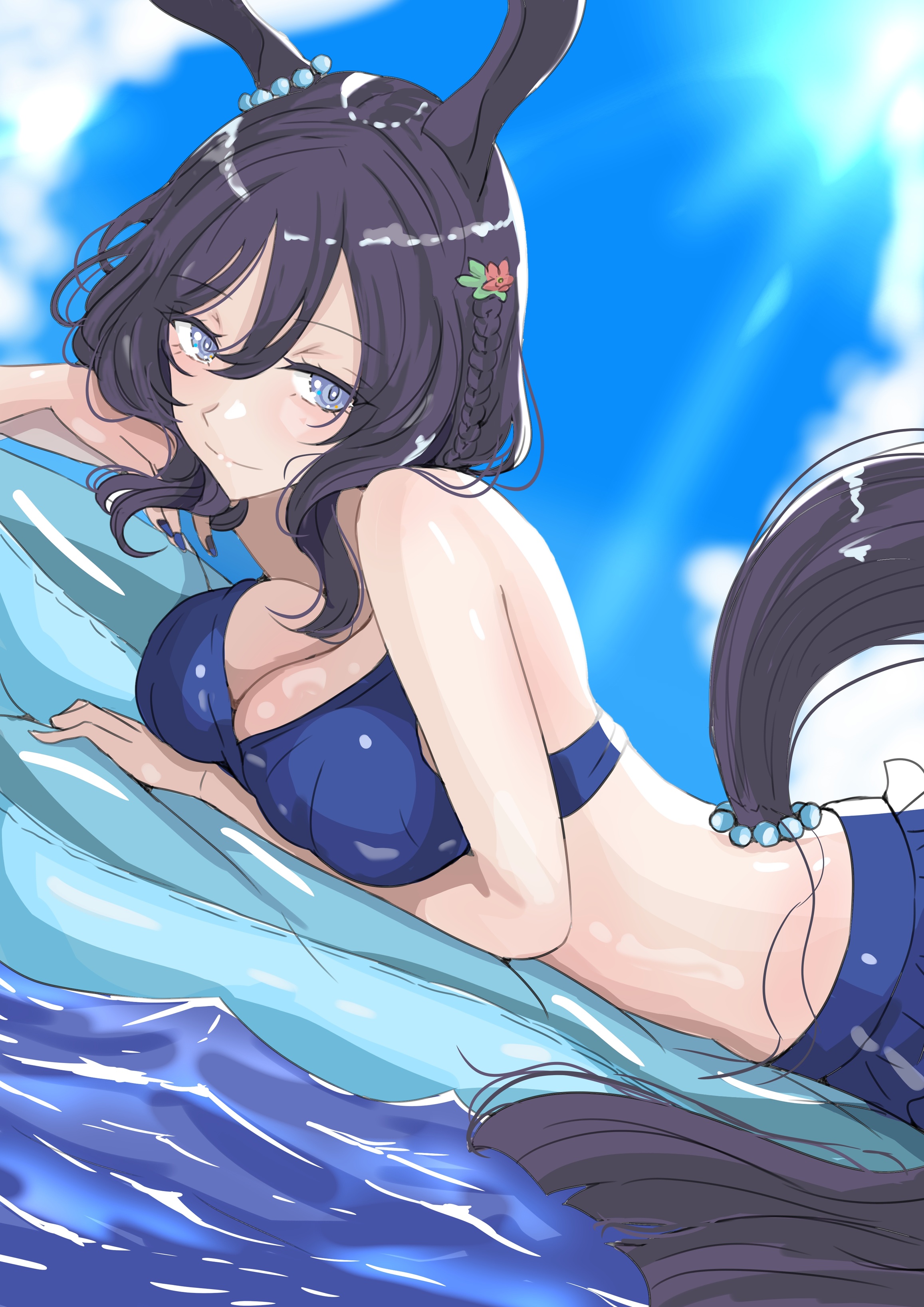 ken (shutenndouji1), eishin flash (reines plaetschern) (umamusume), eishin flash (umamusume), umamusume, absurdres, highres, 1girl, animal ears, bare shoulders, bikini, black hair, blue bikini, blue eyes, blue sky, blush, braid, breasts, cleavage, closed mouth, cloud, ear ornament, hair between eyes, hair ornament, horse ears, horse girl, horse tail, inflatable raft, large breasts, looking at viewer, lying, medium hair, official alternate costume, official alternate hairstyle, on stomach, outdoors, sky, smile, solo, swept bangs, swimsuit, tail, water