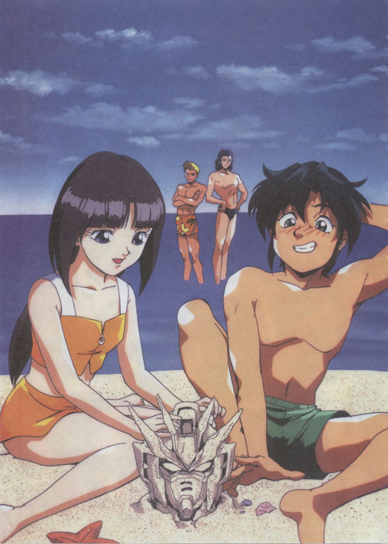 murase shuko, garrod ran, gundam x, roybea loy, tiffa adill, witz sou, after war gundam x, gundam, 1girl, 3boys, beach, black hair, blonde hair, blush, cloud, long hair, multiple boys, navel, open mouth, short hair, sitting, sky, spread legs, swimsuit, teeth, thighs, tongue, water
