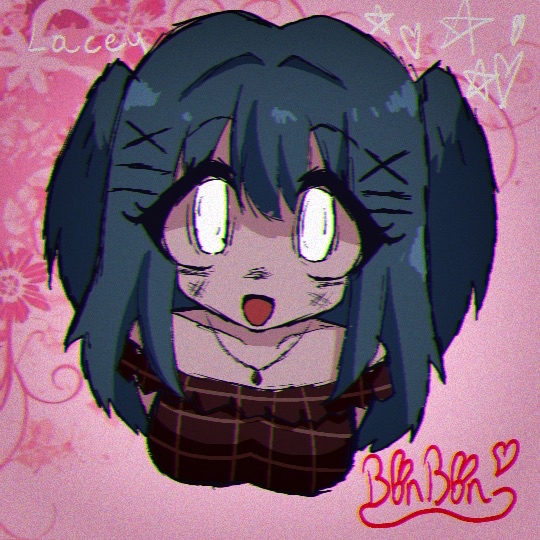 bonbon (bonzomcbonbon), lacey (lacey games), lacey games, 1girl, bare shoulders, breasts, brown shirt, character name, chromatic aberration, collarbone, cropped torso, flower, from above, glitch, hair ornament, heart, jewelry, long hair, looking at viewer, medium breasts, necklace, open mouth, plaid clothes, plaid shirt, shirt, signature, sketch, solo, star (symbol), twintails, watermark, white eyes, x hair ornament