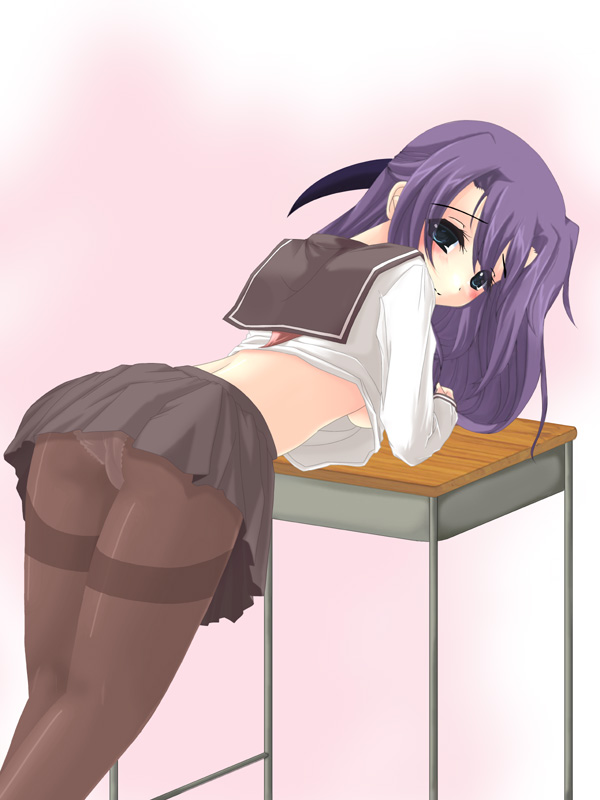 frapowa, ginga nakajima, lyrical nanoha, mahou shoujo lyrical nanoha, mahou shoujo lyrical nanoha strikers, 00s, 1girl, blush, breasts, desk, female focus, green eyes, long hair, no bra, panties, panties under pantyhose, pantyhose, pantyshot, purple hair, school uniform, serafuku, skirt, small breasts, solo, thighband pantyhose, underboob, underwear, upskirt, white panties