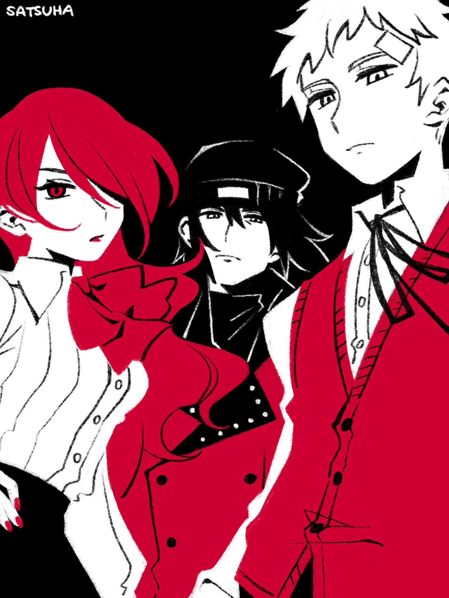aragaki shinjirou, kirijou mitsuru, sanada akihiko, persona, persona 3, highres, 1girl, 2boys, arcanaham, bandaid, bandaid on head, beanie, black background, black hair, black hat, black ribbon, black skirt, bow, closed mouth, coat, gekkoukan high school uniform, hair over one eye, hand on own hip, hat, long hair, long sleeves, looking at viewer, multiple boys, neck ribbon, red bow, red coat, red eyes, red hair, red nails, red vest, ribbon, school uniform, shirt, short hair, simple background, skirt, trench coat, vest, white hair, white shirt