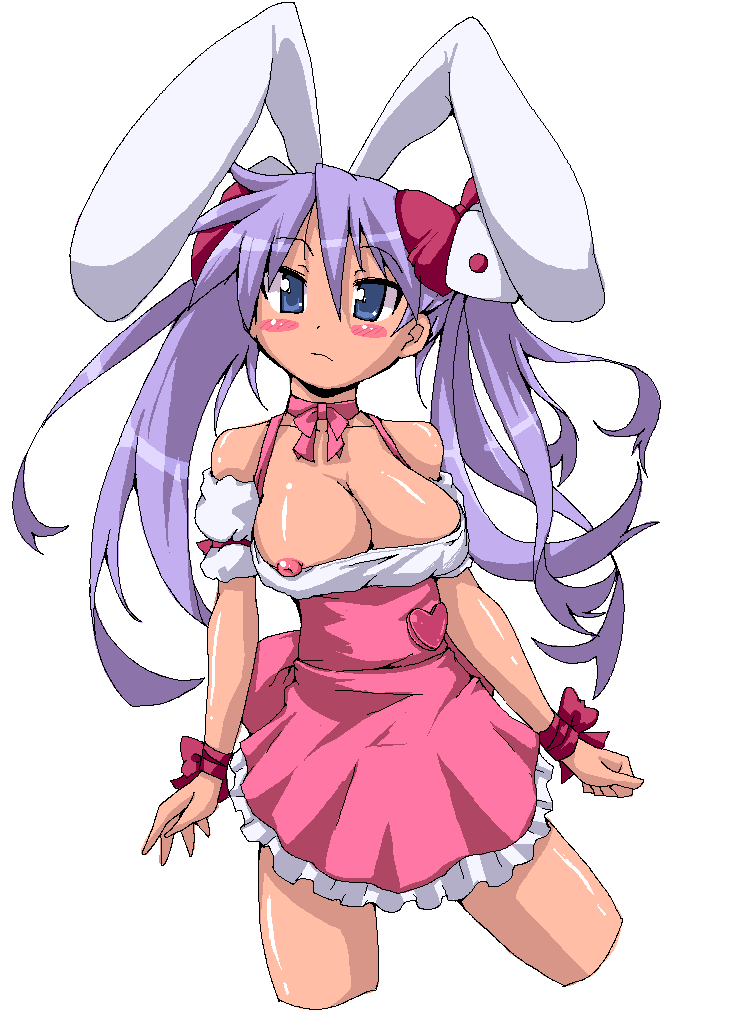 raiden (artist), raiden (raiden labo), hiiragi kagami, usada hikaru, di gi charat, lucky star, 1girl, animal ears, bare shoulders, blush, bow, breasts, choker, cleavage, collarbone, cosplay, covered erect nipples, cropped legs, crossover, dress, female focus, frills, hair bow, hair ornament, heart, large breasts, long hair, nipple slip, nipples, oekaki, pink bow, purple eyes, purple hair, rabbit ears, ribbon, simple background, solo, tsurime, twintails, usada hikaru (cosplay)