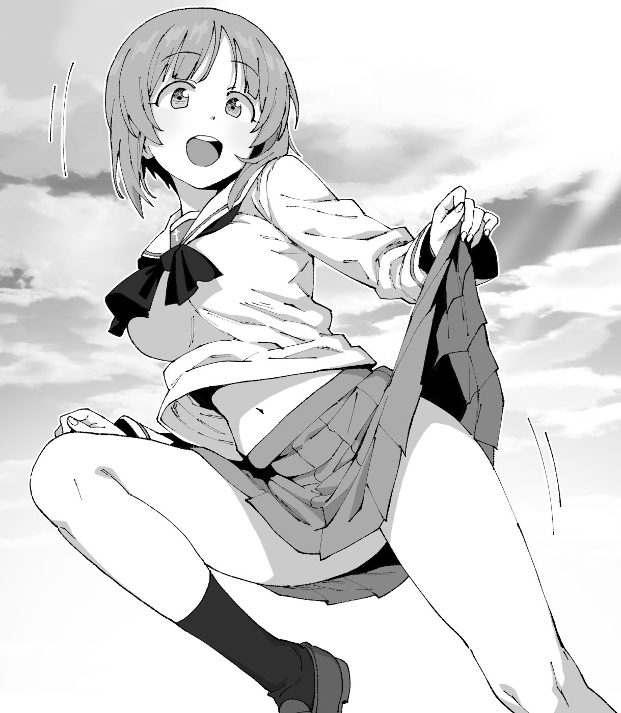 henyaan (oreizm), nishizumi miho, highres, 1girl, blouse, clothes lift, cloud, cloudy sky, crotch seam, greyscale, leg up, legs, lifting own clothes, loafers, long sleeves, looking at viewer, miniskirt, monochrome, navel, neckerchief, ooarai school uniform, open mouth, outdoors, outside border, pleated skirt, school uniform, serafuku, shirt, shoes, short hair, skirt, skirt lift, sky, smile, socks, solo, standing, standing on one leg