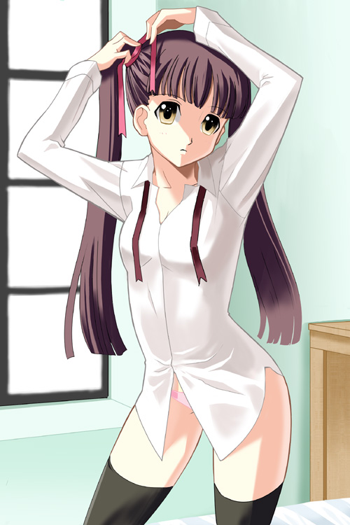 azuma reiji, original, black thighhighs, blouse, dress, dress shirt, no pants, panties, shirt, solo, thighhighs, twintails, underwear, white shirt