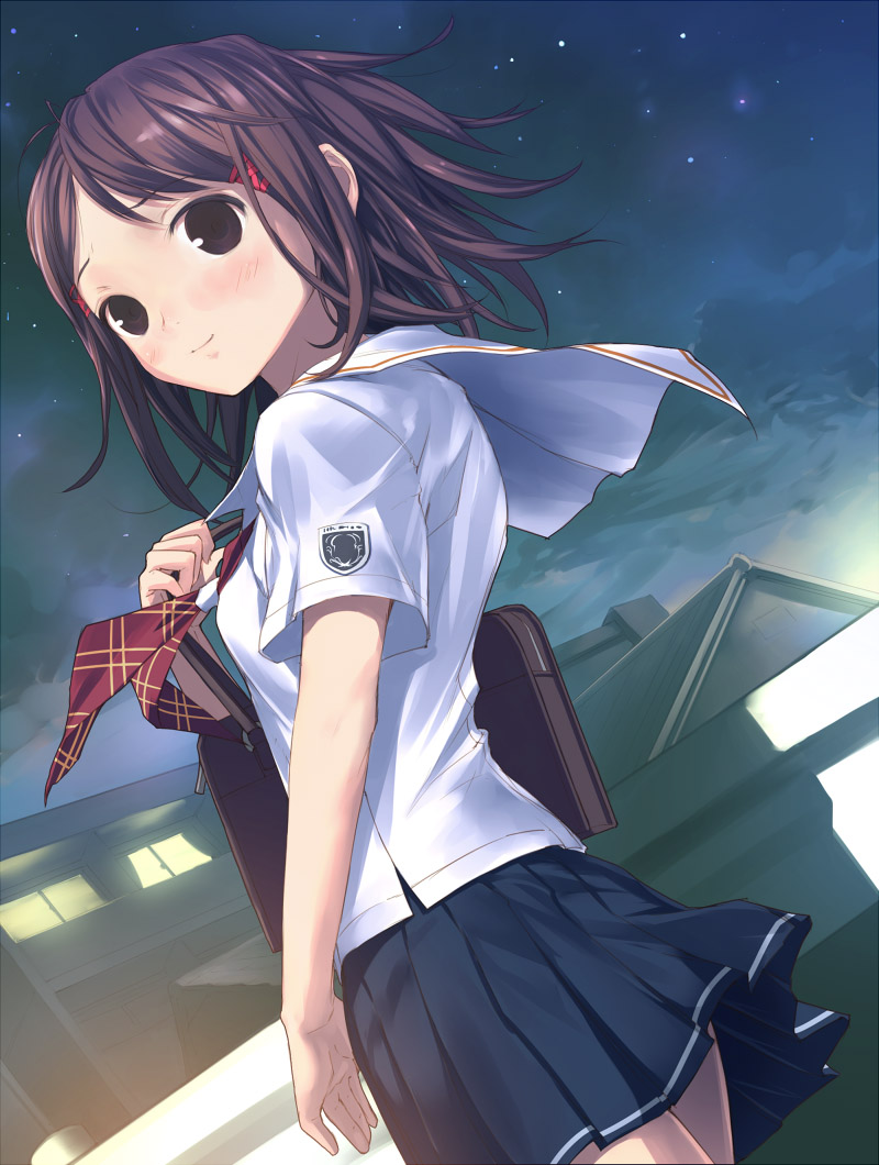 uni (plastic girl), hoshino yuumi, kimi kiss, 1girl, black skirt, brown eyes, brown hair, female focus, night, night sky, outdoors, pleated skirt, school uniform, serafuku, shirt, skirt, sky, smile, solo, white shirt