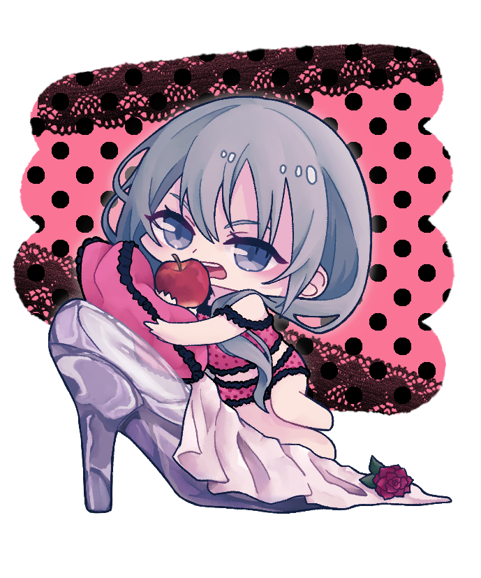 tsukimi hana131, hatsune miku, romeo to cinderella (vocaloid), vocaloid, pink pillow, 1girl, apple, aqua eyes, aqua hair, bitten apple, black lace trim, blue eyes, camisole, food, food bite, frilled camisole, frills, fruit, holding, holding food, holding fruit, lace-trimmed camisole, lace trim, long hair, looking at viewer, open mouth, pink camisole, polka dot camisole, solo, very long hair