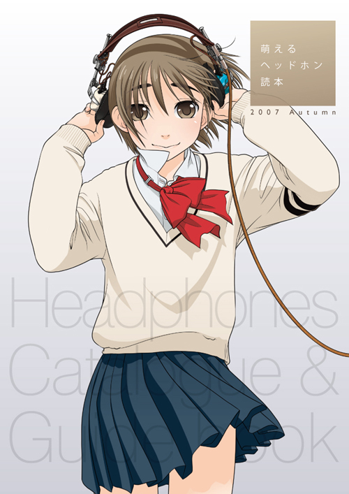 ootsuka mahiro, original, duplicate, 1girl, blue skirt, blush, bow, bowtie, brown eyes, brown hair, collared shirt, cowboy shot, cropped legs, female focus, hands up, headphones, long sleeves, miniskirt, pleated skirt, red bow, red bowtie, school uniform, shirt, short hair, skirt, smile, solo, sweater, white shirt, wind