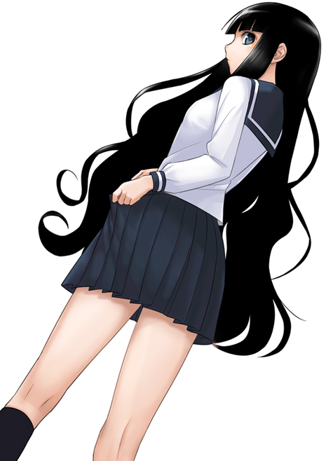 sugar (sugarless), itoshiki rin, sayonara zetsubou sensei, 00s, 1girl, black hair, blue eyes, female focus, kneehighs, long hair, looking back, school uniform, serafuku, socks, solo