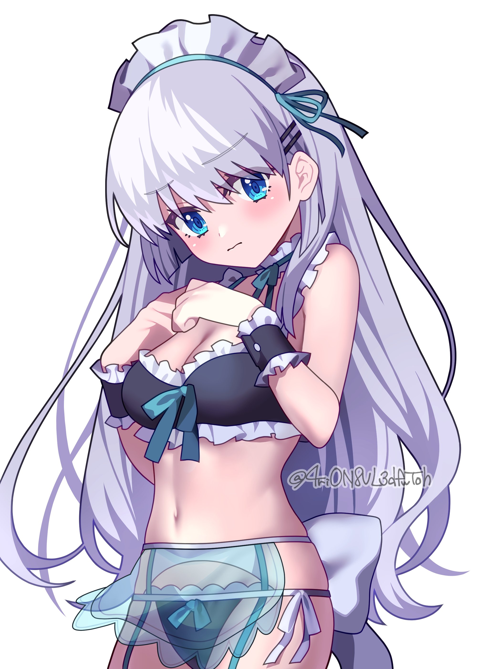 4rion, naruse shiroha, summer pockets, absurdres, commentary request, highres, 1girl, artist name, bikini, black bikini, blue eyes, breasts, cleavage, closed mouth, cowboy shot, frilled bikini, frilled wrist cuffs, frills, garter belt, long hair, looking at viewer, maid, maid bikini, maid headdress, medium breasts, navel, own hands together, side-tie bikini bottom, simple background, solo, stomach, swimsuit, twitter username, unconventional maid, white background, white hair, wrist cuffs