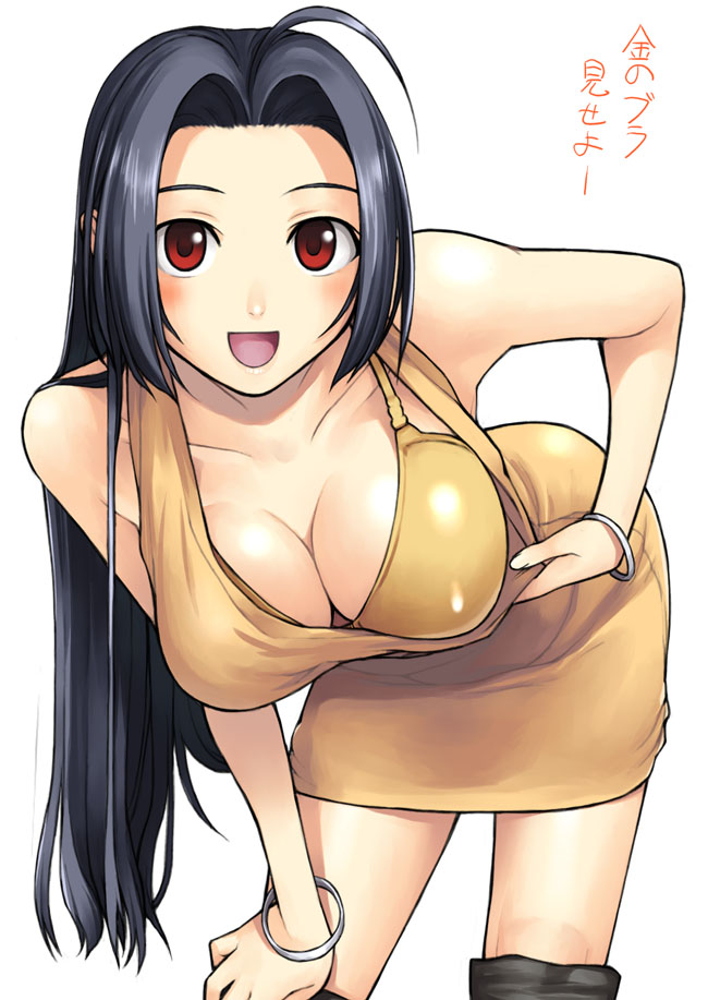 tanaka shoutarou, miura azusa, idolmaster, idolmaster (classic), idolmaster 1, translated, 00s, 1girl, :d, black hair, bra, breasts, cleavage, downblouse, dress, female focus, large breasts, lingerie, long hair, open mouth, red eyes, smile, solo, thighhighs, underwear
