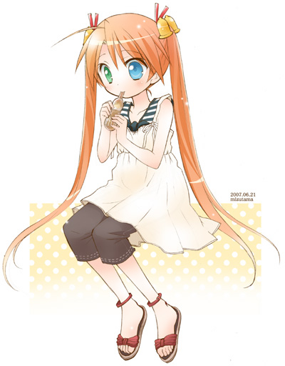 mizutama, mizutama (artist), kagurazaka asuna, mahou sensei negima!, 00s, 1girl, bell, blue eyes, capri pants, dated, dress, eating, female focus, food, full body, green eyes, hair bell, hair ornament, heterochromia, holding, long hair, orange hair, pants, red hair, see-through clothes, simple background, sitting, sleeveless, sleeveless dress, solo, sundress, twintails, very long hair, white background, white dress