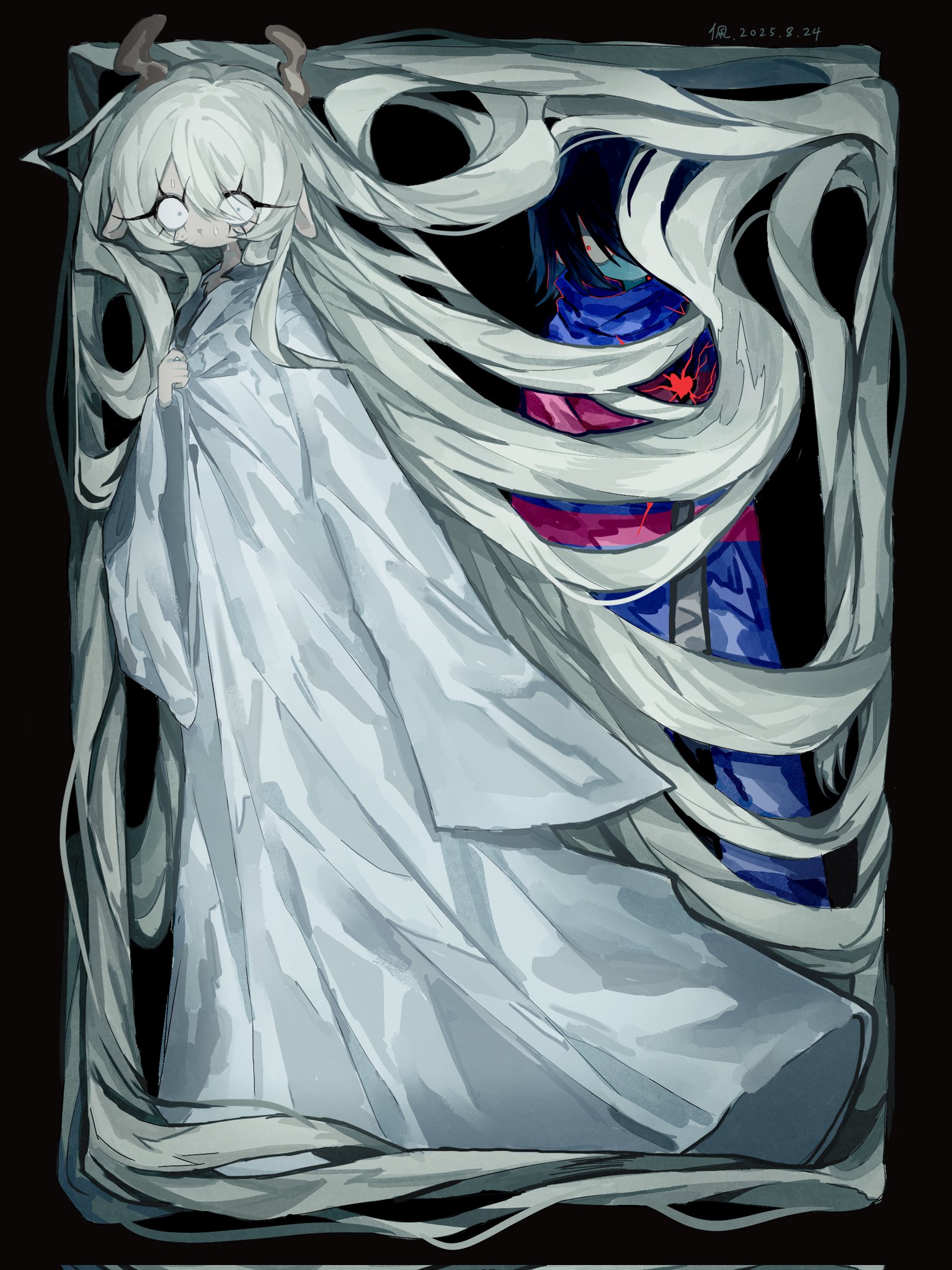 kapeizuibuxiu, kris (dark world) (deltarune), kris (deltarune), noelle holiday, soul (deltarune), deltarune, utdr (toby fox), commentary, corrupted twitter file, english commentary, highres, 1girl, 1other, absurdly long hair, antlers, black background, blue hair, blue scarf, blue skin, colored skin, dated, deer antlers, deer girl, grey eyes, grey hair, heart, horns, long eyelashes, long hair, noelle holiday (dark world), pink scarf, red eyes, robe, scarf, short hair, signature, sleeves past fingers, sleeves past wrists, striped clothes, striped scarf, sweat, very long hair, white robe, wide-eyed, wide sleeves