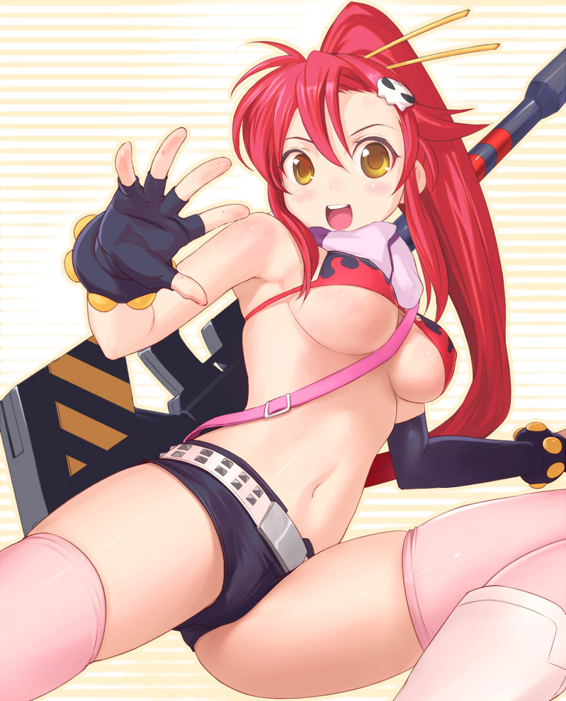 uni (plastic girl), yoko littner, tengen toppa gurren lagann, 00s, 1girl, :d, anti-materiel rifle, belt, bikini, bikini top only, blush, breasts, female focus, fingerless gloves, gloves, gun, large breasts, looking at viewer, midriff, navel, open mouth, pink thighhighs, ponytail, red hair, rifle, short shorts, shorts, smile, sniper rifle, solo, swimsuit, thighhighs, underboob, waving, weapon, yellow eyes