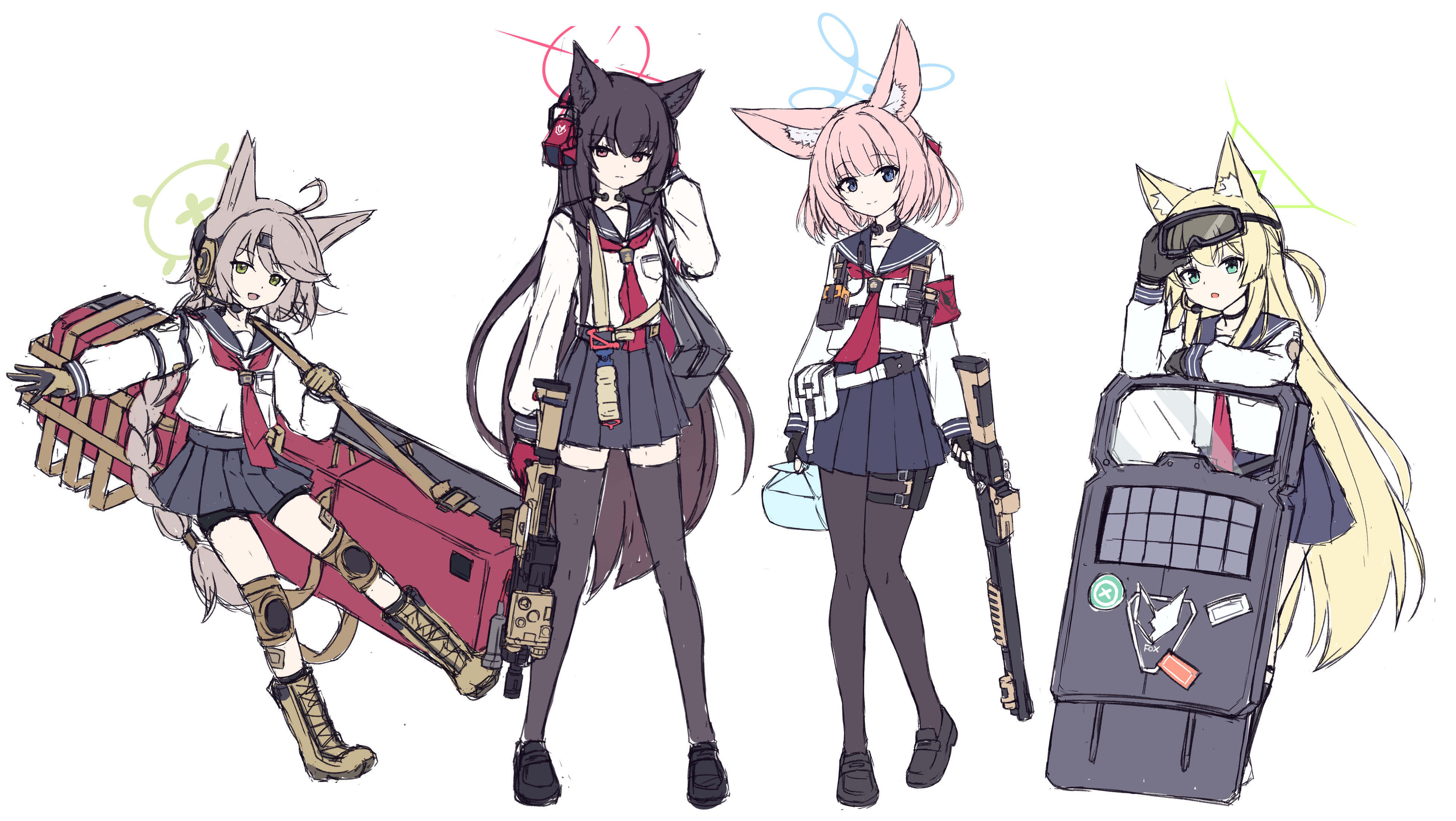 ayana ayase, kurumi (blue archive), niko (blue archive), otogi (blue archive), yukino (blue archive), blue archive, absurdres, highres, animal ears, assault rifle, blonde hair, blue eyes, brown hair, fox ears, fox girl, fox platoon (blue archive), goggles, goggles on head, green eyes, gun, h&k hk416, halo, headset, knee pads, leggings, pink hair, pump action, red eyes, remington 870, rifle, riot shield, school uniform, shield, shotgun, skirt, weapon