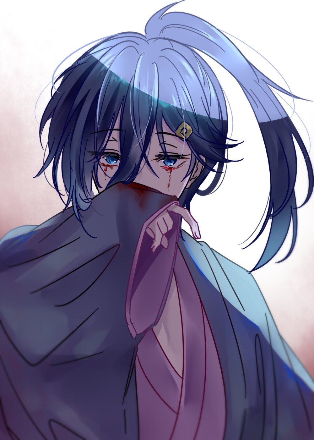 cecilus segmunt, re:zero kara hajimeru isekai seikatsu, highres, 1boy, ahoge, asymmetrical bangs, blood, blood on face, blue eyes, blue hair, hair between eyes, hair ornament, japanese clothes, kimono, long hair, looking at viewer, nosebleed, open clothes, oshi suko1, ponytail, simple background, solo, upper body, white background, yukata