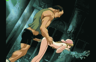 nymphs of the stratosphere, stratosphere no yousei, animated, animated gif, anime screenshot, lowres, non-web source, 00s, 1boy, 1girl, anal, ass, bandana, barefoot, bent over, black hair, blonde hair, braid, breasts, clenched teeth, clothed male nude female, clothed sex, cum, cum in ass, doggystyle, dutch angle, from side, hetero, large breasts, large penis, long hair, muscular, nipples, nude, open mouth, orgasm, outdoors, penis, pussy, pussy juice, rape, ruins, sex, sex from behind, shorts, size difference, spread legs, straddling, teeth, uncensored, upright straddle