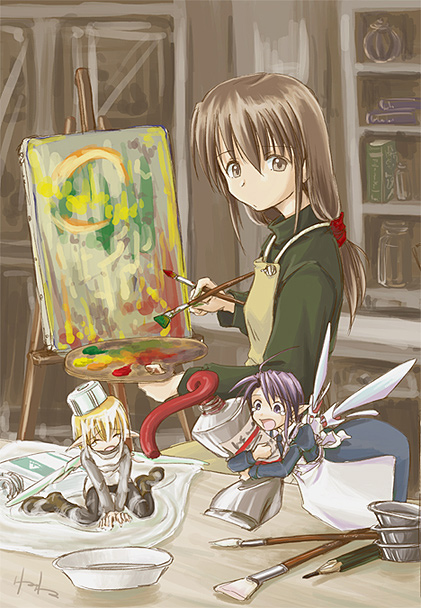akiyama nenehisa, akiyamananae, original, 1girl, apron, brown hair, canvas (object), easel, fairy, female focus, mini person, minigirl, paint, painting (action), painting (object), pointy ears, solo