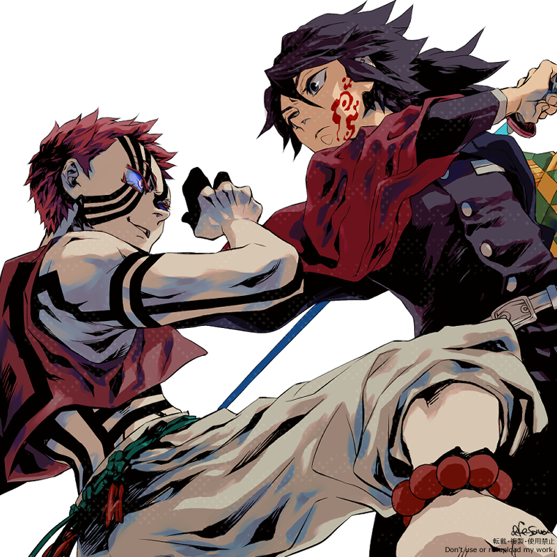 akaza (kimetsu no yaiba), tomioka giyuu, kimetsu no yaiba, 2boys, barefoot, battle, belt, black hair, black jacket, black pants, blood on cheek, blue eyes, blue sclera, buttons, closed mouth, colored sclera, demon slayer uniform, fe sawai, haori, holding, holding sword, holding weapon, jacket, japanese clothes, katana, looking at another, low ponytail, male focus, multiple boys, pants, pink hair, ponytail, print haori, red haori, short hair, simple background, smirk, spiked hair, sword, tattoo, teeth, weapon, white background, white belt, white pants