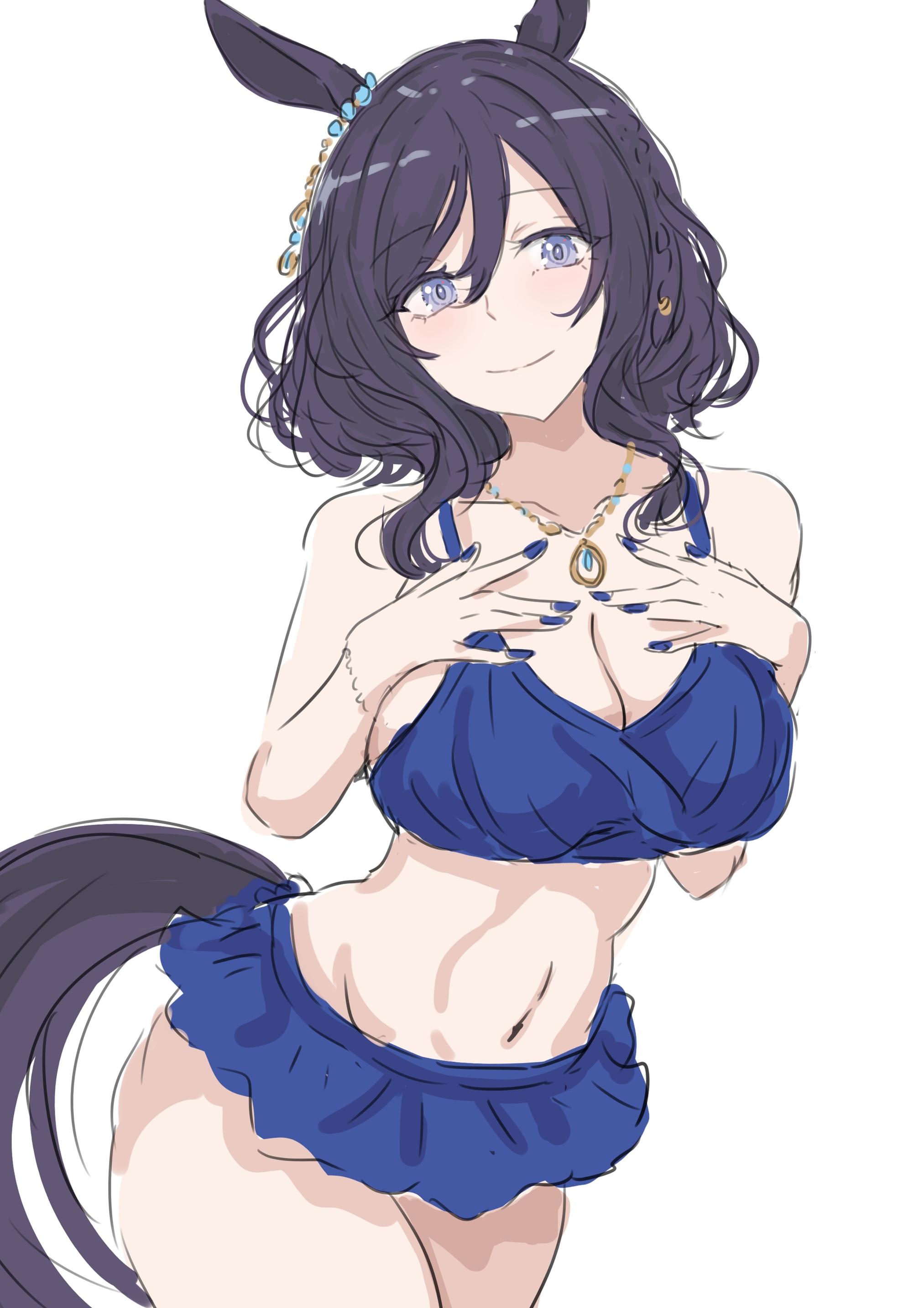 ken (shutenndouji1), eishin flash (reines plaetschern) (umamusume), eishin flash (umamusume), umamusume, absurdres, highres, 1girl, animal ears, bare shoulders, bikini, black hair, blue bikini, blue eyes, blush, breasts, cleavage, closed mouth, collarbone, ear ornament, hair between eyes, horse ears, horse girl, horse tail, jewelry, large breasts, looking at viewer, medium hair, navel, necklace, official alternate costume, official alternate hairstyle, simple background, smile, solo, stomach, swept bangs, swimsuit, tail, white background