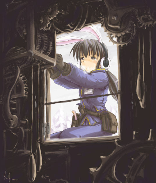 akiyama nenehisa, akiyamananae, 1girl, animal ears, belt, earmuffs, female focus, gears, gloves, machine, ponytail, rabbit ears, solo, utility belt