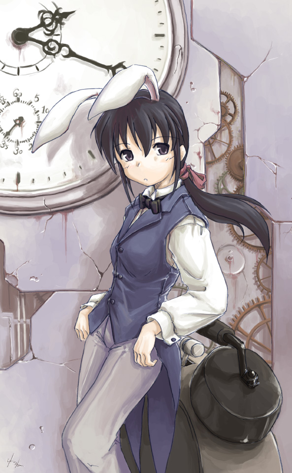 akiyama nenehisa, akiyamananae, original, animal ears, bow, bowtie, clock, ponytail, rabbit ears, solo, vest