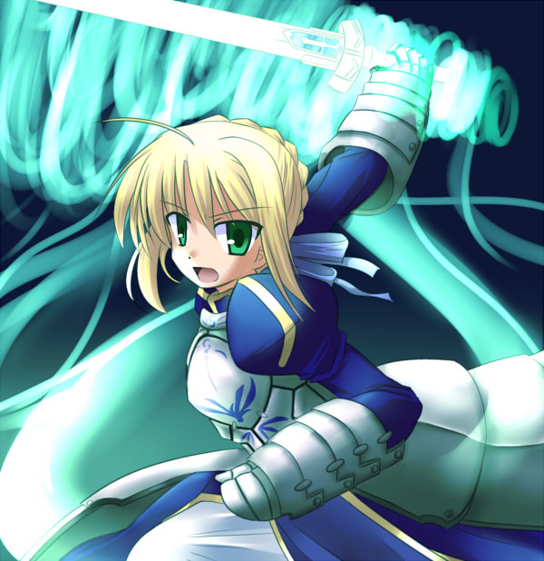 jun (aoerm), artoria pendragon (fate), saber (fate), fate/stay night, fate (series), 00s, 1girl, ahoge, armor, armored boots, armored dress, blonde hair, blue dress, boots, dress, female focus, gauntlets, green eyes, juliet sleeves, long sleeves, looking at viewer, outstretched arms, puffy long sleeves, puffy sleeves, short hair, solo, tareme