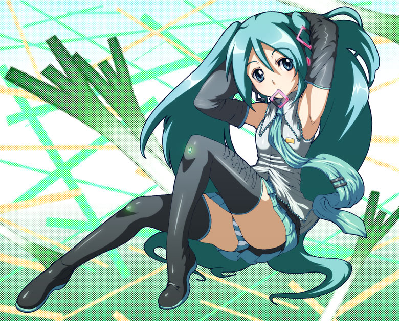 caryo, tabigarasu, hatsune miku, vocaloid, jpeg artifacts, 1girl, armpits, female focus, long hair, mouth hold, panties, solo, spring onion, striped clothes, striped panties, thighhighs, twintails, underwear, very long hair