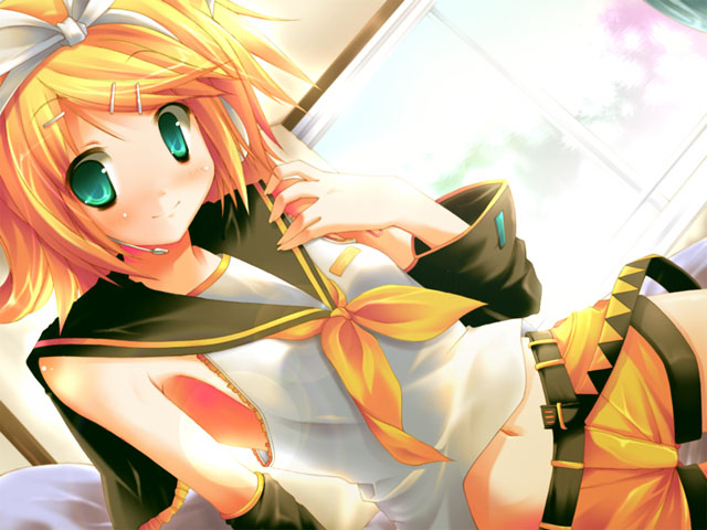 utsurogi angu, kagamine rin, kagamine rin (if), vocaloid, 1girl, aqua eyes, belt, blonde hair, blouse, detached sleeves, female focus, hair ribbon, indoors, looking at viewer, microphone, navel, ribbon, sailor collar, shirt, short hair, shorts, smile, solo, white ribbon, white shirt, yellow shorts